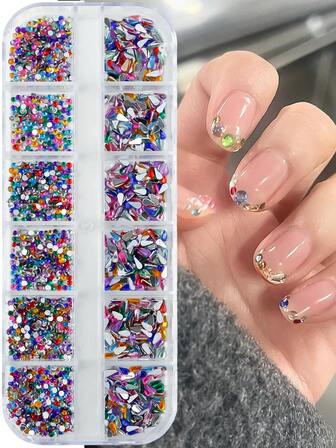 1 Box 12 Grids Super Shiny Mini Resin Nail Art Flat Bottomed Rhinestone - Asymmetric Shape Diy Nail Charms Nail Gems Nail Supplies Nails