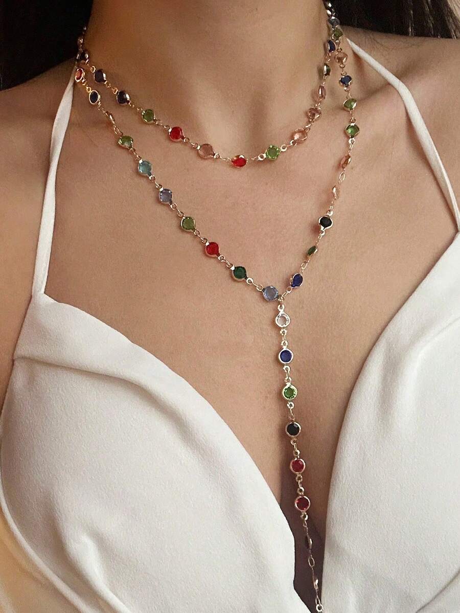 1 件时尚彩色锆石链 Y 形项链，适合旅行、约会、派对 - 彩色 - 查看 1
