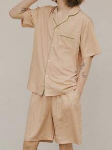 Conjunto de pijama para hombres de manga corta con cuello de solapa e shorts con estampado a cuadros, ligero y delgado, cómodo y casual para el verano