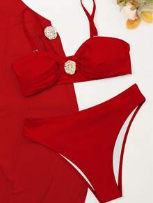 3pcs/Set Plus Size Women Sexy Solid Color Sling Metal Accessories Bikini Set - Red - View 3