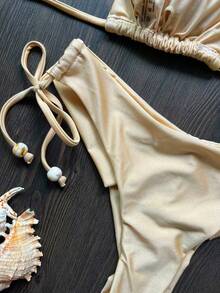 Bộ bikini buộc dây cổ màu trơn, thích hợp cho kỳ nghỉ hè trên bãi biển. - Màu Khaki - Xem 5