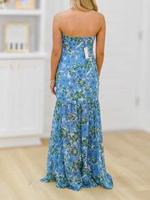 Women Tube Top Maxi Dress Fitted Strapless Mesh Patchwork Long Dress Floral Print High Slit Night Dresses Clubwear - 藍色 - 查看 4