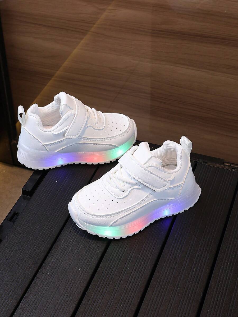 LED 发光钩环休闲运动鞋,适合幼儿男孩女孩儿童,防滑软底夏季婴儿学步鞋,时尚运动训练鞋 - 白色 - 查看 1