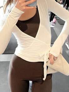 Pilates Wrap Tie Shirt Tops For Women Long Sleeve Ballet Tie Top Dance Ballerina Cover Up Top Yoga Workout Blouse - 白色 - 查看 3