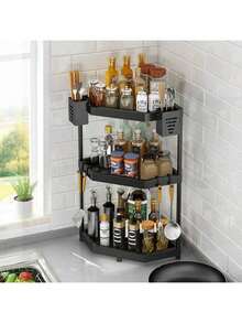 A Kitchen Rack Countertop Corner Triangle Spice Rack Corner Pendant Corner Storage Wall Hanging Free Punching Shelf - Black Three-layer - View 2