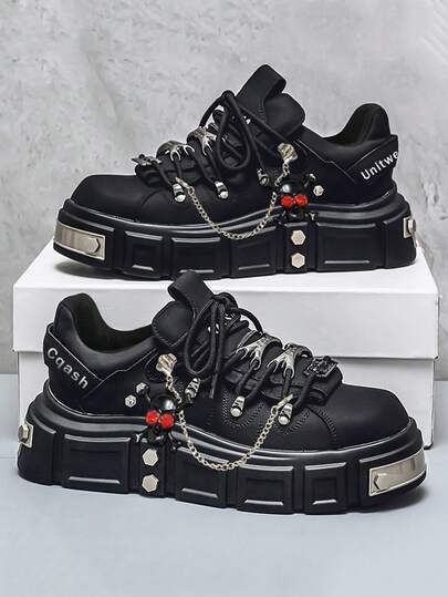 New 2024 High-End Punk Style Skull Decoration Thick Sole Derby Shoes For Men, Mixed Colors Casual Sneakers With Metal Accent, Heightening Design