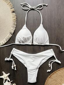 Summer Resort & Beach Plain Color Halter Neck Bikini Set - White - View 2