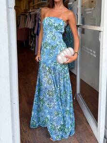 Women Tube Top Maxi Dress Fitted Strapless Mesh Patchwork Long Dress Floral Print High Slit Night Dresses Clubwear - 藍色 - 查看 2