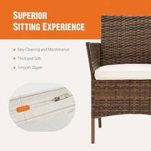 Conjunto de muebles de patio Sweet Crispy de 3 piezas, muebles de exterior con cojines suaves y mesa de vidrio, todo de mimbre y ratán tejido manual resistente a la intemperie para jardín, terraza, porche y césped, en colores marrón y beige - Marrón1 - Ver 6