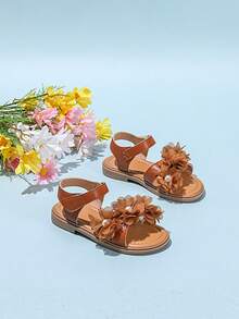 1 Pair Girl Decorative Pearl Flower Hook And Loop Flat Sandals - Brown - View 2