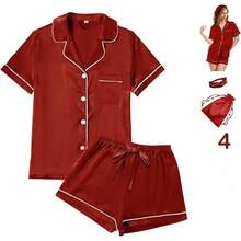 S.4Pcs Womens Satin Silky Pajama Sets Short Sleeve Shirt XS-4XL Floral Pajamas Set Soft PJ Loungewear Sleepwear - Hot Pink-w - View 5