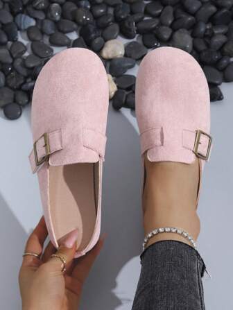 Mule Feminina com Bico Redondo, Sola Macia, Material de Camurça Premium, Decoração com Tira de Metal, Design Deslizante Conveniente, Uso Casual Versátil de Alta Moda Minimalista para Uso Diário, Casa, Escritório, Reunião, Festa