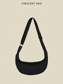 Niche Design Large Capacity Commuter Shoulder Bag, Casual Versatile Minimalist Fashion Crossbody Bag For Women, 2025 New Arrival, Comfortable Nylon Fabric, Rhombus Pattern, Zipper Closure, Adjustable Long Strap, Spacious Volume, Online Chic Crescent Bag - Black - View 1