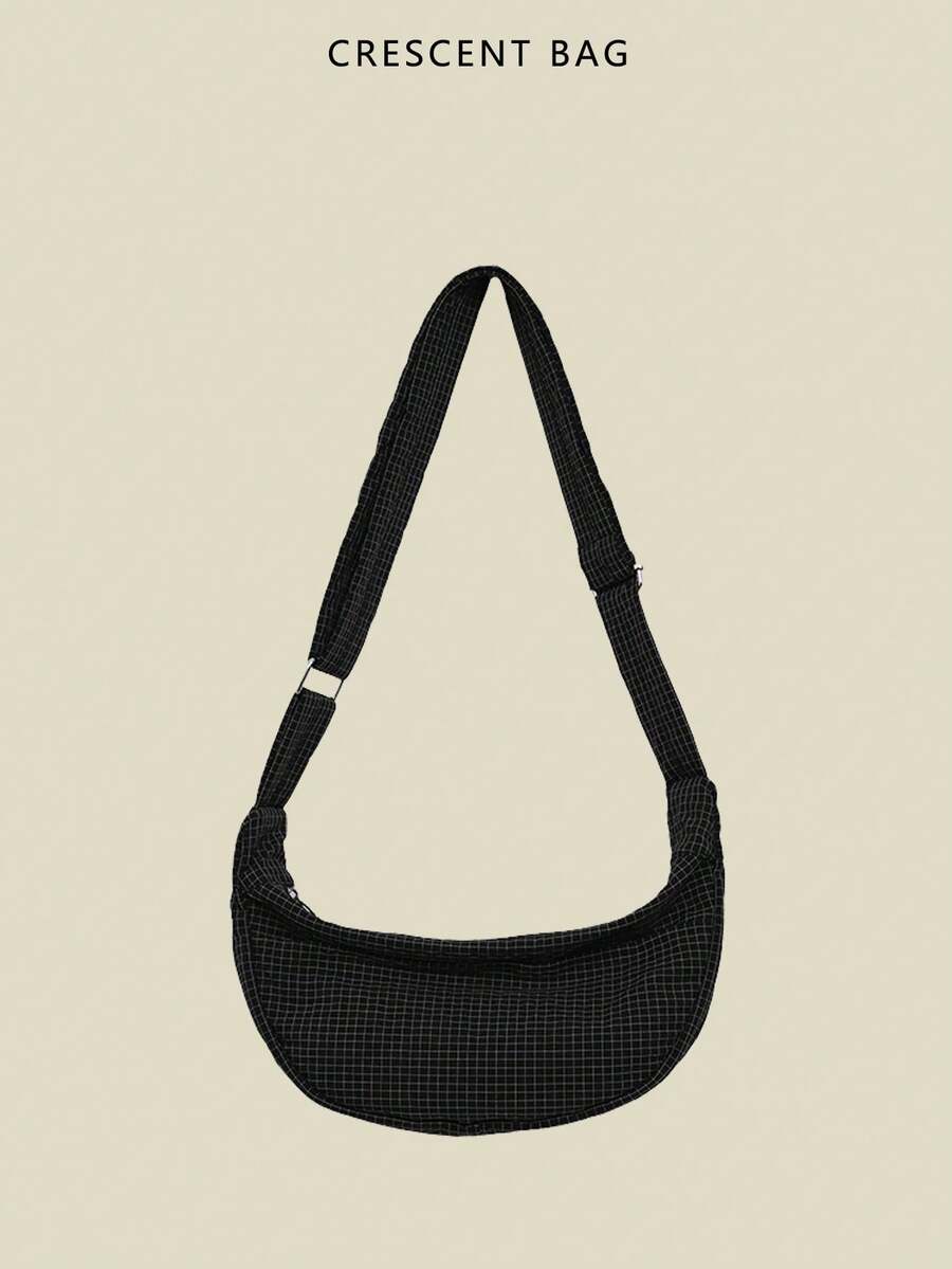 Niche Design Large Capacity Commuter Shoulder Bag, Casual Versatile Minimalist Fashion Crossbody Bag For Women, 2025 New Arrival, Comfortable Nylon Fabric, Rhombus Pattern, Zipper Closure, Adjustable Long Strap, Spacious Volume, Online Chic Crescent Bag - Black - View 1