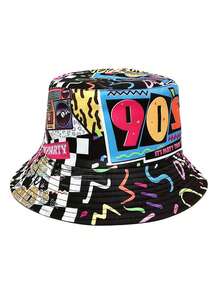 1pc Unisex Fashion Hip-Hop 90s 80s Pattern Reversible Lightweight Bucket Hat, Vintage Streetwear Casual Bucket Hat - A - View 5