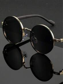 1 par de gafas unisex con marco de metal negro redondo, gafas sofisticadas de moda vintage punk para fotografía callejera, esenciales de viaje, primera opción para fiestas, atuendo diario, pesca, viajes, campamentos en vacaciones de verano en la playa, al aire libre y viajes