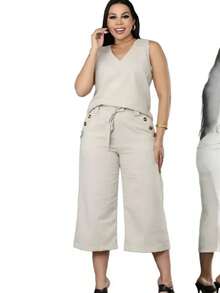 Women's Pantacourt Linen High Waist Shorts With Bow And Pockets - 米色 - 查看 3
