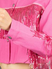 Chaqueta corta elegante de manga larga blanca con lentejuelas en contraste y detalle de flecos para mujer, informal y elegante. - Rosa - Ver 5