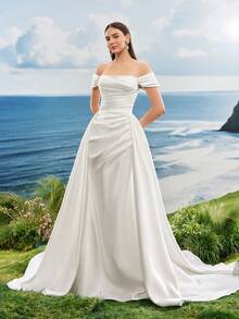 夏季露肩浪漫缎面亮白色优雅美人鱼婚纱，适合新娘、订婚，带拖尾 - 白色 - 查看 5