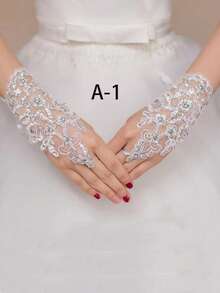 1 par de guantes cortos sin dedos con decoración de encaje y cristales para novia, para mujeres, accesorios de San Valentín, otoño