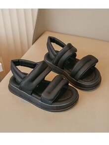 Kinderen effen kleur gesloten teen casual sandalen, eenvoudig ontwerp platte schoenen geschikt voor de zomer, jongens en meisjes - Zwart - Bekijken 4