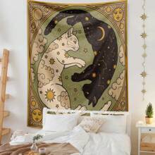 1 Pc Vintage Sun, Moon, Lucky Cat, Constellation, Letter, Boho Style Printed Tapestry Wall Hanging Decor, Living Room, Bedroom, Office, Dorm, Home Party, Rectangular Kitchen Wall Decor Fabric With Drape, Includes 3 Pins And 2 Clips