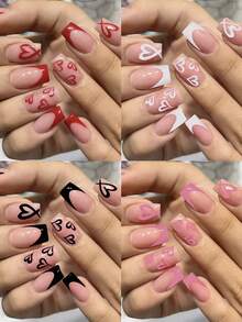 96片（4种混合款式）心形亮片法式美甲贴纸，中号，完美贴合，亚克力假指甲套装，包含1瓶果冻胶和1把指甲锉，适合情人节美甲和法式美甲，是女性、女孩、日常工作、节日和派对的理想之选，美甲用品。 - 彩色 - 查看 3