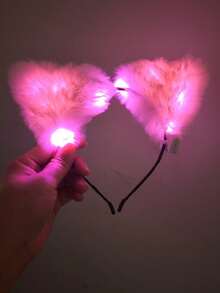 1 创意LED羽毛耳朵头带发光猫耳朵（馒头猫耳形面包）头带，兔耳朵闪光头带派对婚礼圣诞节万圣节3种模式，含电池