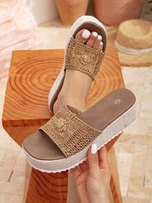 Women's Fashion Woven Detail Single-Strap Non-Slip Beach Style High Heel Wedge Sandals, Rope Platform Waterproof Outdoor Thick Bottom Slippers
