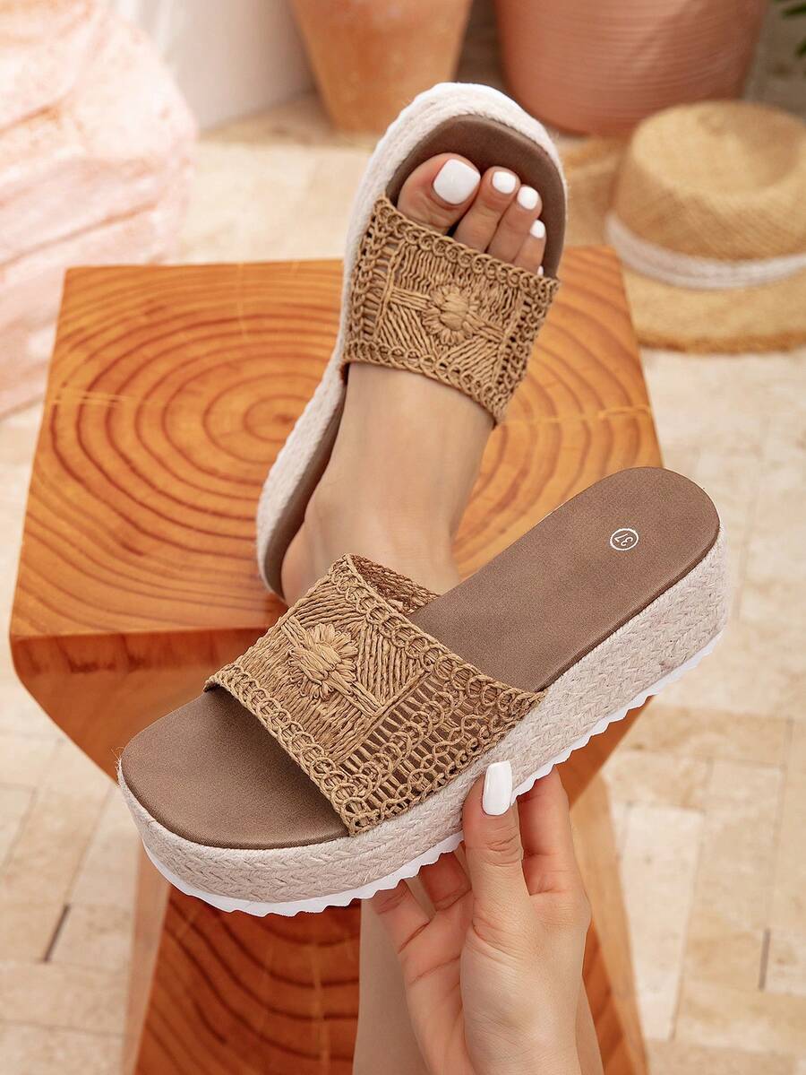 Women's Fashion Woven Detail Single-Strap Non-Slip Beach Style High Heel Wedge Sandals, Rope Platform Waterproof Outdoor Thick Bottom Slippers