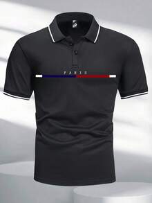 夏季男士Polo衫短袖T恤彩色条纹巴黎印花高尔夫和网球运动休闲服健身运动服户外篮球足球橄榄球健身房 - 黑色 - 查看 3