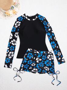 Set de 2 piezas Nuevo traje de baño de manga larga popular con shorts de tabla - Multicolor - Ver 1