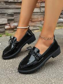 New 2025 Slip-On Loafers, Minimalist Design Flat Round Toe Lace-Up Oxfords - Black - View 3