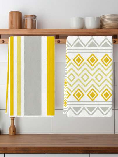 قطعتان من مناشف المطبخ ذات الخطوط الصفراء، منزلي الحلو المنزلي البوهيمي صيفي ريفي، مناشف الأطباق غسيل اليد والشاي، ديكور المطبخ وتزيين الطاولة، لوازم المطبخ، مناسبة للاستخدام اليومي والتنظيف في المطبخ والمطعم