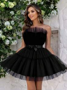 Elegant Off-The-Shoulder Black Tulle Dress With Bow Details - Perfect For Weddings, Parties And Formal Events, Sleeveless Mini Dresses, Tiered Hemlines, Formal Event Wear - Black - View 3