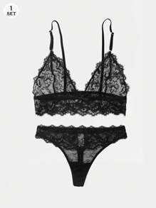Conjunto de lencería sexy para mujer en color negro, sujetador sin cable y tanga de encaje de talle bajo