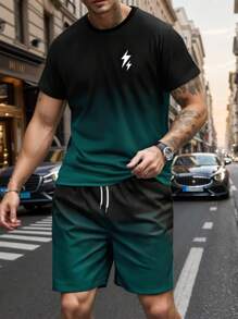 Men's Summer Ombre Round Neck Short Sleeve T-Shirt And Drawstring Shorts Set