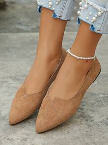 Plus Size 35-45 Women's Black Pointed Toe Flat Shoes, New Fall Casual Outdoor Daily Loafers, Brown Suede Soft Bottom Work Shoes, Slip-On Flats - Brown - View 4