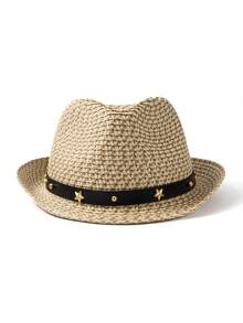 1 pieza Sombrero de paja bohemio casual con estrella, sombrero de sol con adorno de remaches, versátil y de moda para trabajo/vacaciones, unisex