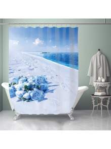 1pc/4pcs Ocean & Beach Floral Print Bathroom Curtain Set 12 Hooks, Anti-Slip Bath Mat, U-Shaped Toilet Mat & Round Toilet Cover, Multifunctional Bathroom Set For All Occasions Back To School