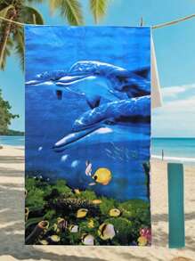 1ps Beach Towel 180*90cm Set With Sandproof Strap - Vibrant Dolphin & Tropical Fish Design, Quick-Dry Towel For Poolside, Vacation Essentials & Summer Travel Ocean Conservation Series Beach Essentials
