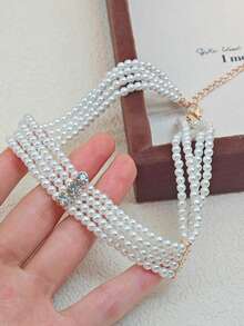 1pc Retro Multilayer Rhinestone & Pearl Necklace, Fashion Versatile Delicate Luxurious Choker Necklace - Multicolor - View 2