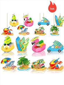 8/16/24/32 szt. Letnia drewniana dekoracja wisząca, lody na plaży w kształcie deski surfingowej i arbuza, artykuły na imprezę na Hawajach; Możesz powiesić je na ścianie, drzewach, w szafie lub w dowolnym innym miejscu, świetne letnie prezenty dla przyjaciół i uczniów!