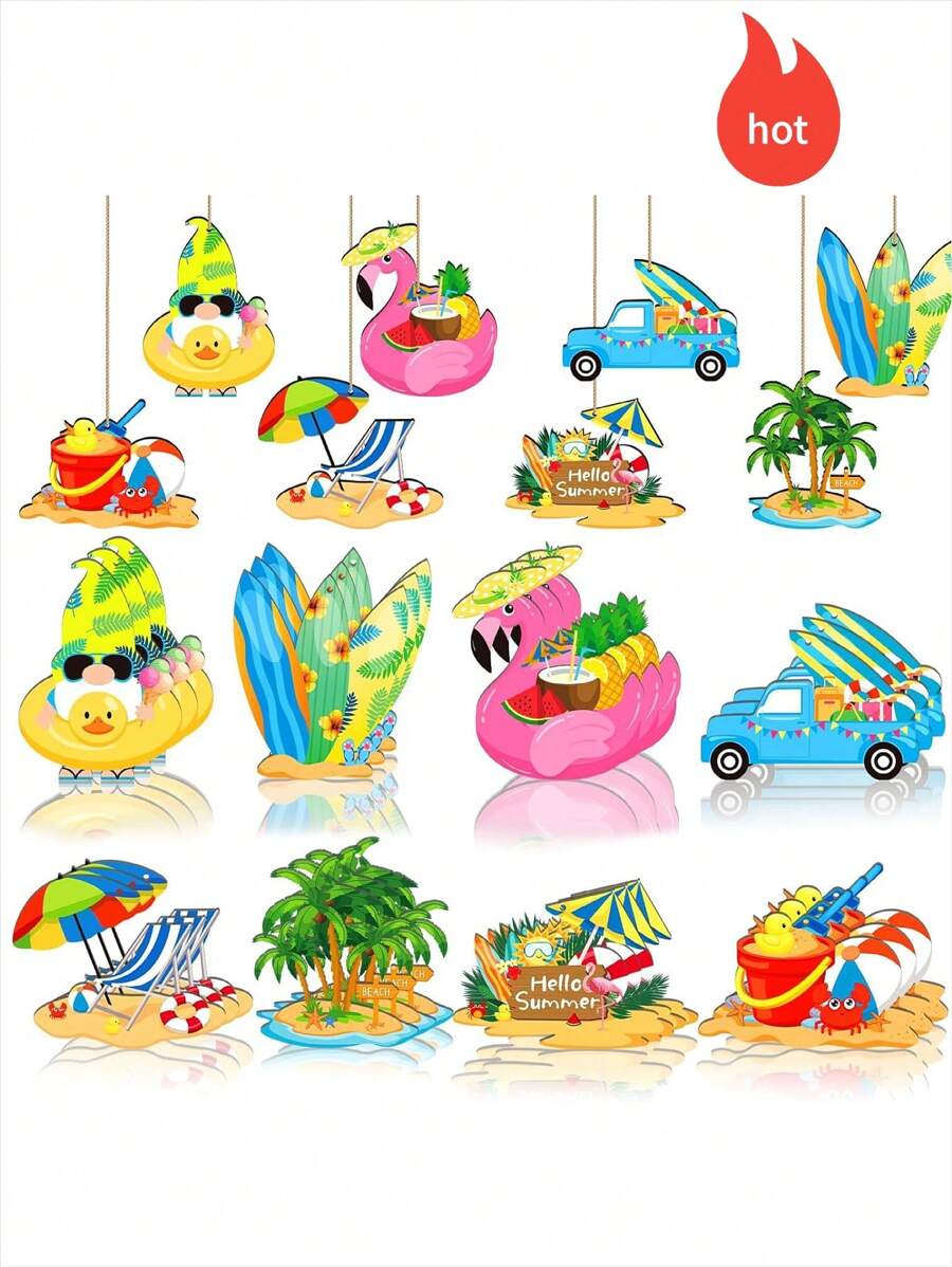 8/16/24/32 szt. Letnia drewniana dekoracja wisząca, lody na plaży w kształcie deski surfingowej i arbuza, artykuły na imprezę na Hawajach; Możesz powiesić je na ścianie, drzewach, w szafie lub w dowolnym innym miejscu, świetne letnie prezenty dla przyjaciół i uczniów!