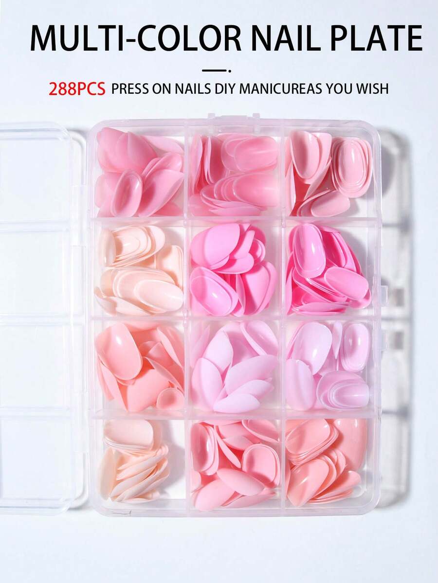 288pcs (12 Mixed Colors) Short Oval Matte Nude Macaron Candy Color Spring/Summer Medium-Long Almond Shape Acrylic Fake Nails With Storage Box - Multicolor - View 1