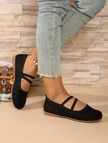 女士休闲圆头平底一脚蹬鞋，舒适透气轻便纯色优雅交叉带，适合室内/室外所有季节