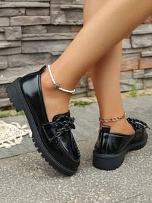 New 2025 Slip-On Loafers, Minimalist Design Flat Round Toe Lace-Up Oxfords - Black - View 5