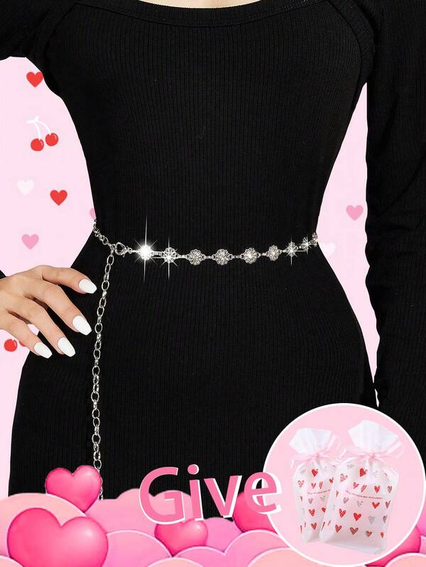 Hershine 1 szt. damski łańcuszek na talię z kryształkami, mały kryształowy element dekoracyjny w kształcie kwiatu, srebrny szykowny minimalistyczny seksowny kryształowy łańcuszek na talię, odpowiedni do sukienek, na imprezę, do codziennego noszenia, idealny prezent dla przyjaciół, rodziny, dziewczyny, matki, na urodziny, walentynki, dzień matki (w zestawie torebka na prezenty) lato