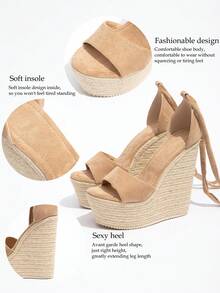 Dép xăng đan đế xuồng cao gót dày kiểu retro dành cho nữ, dép quai chéo buộc dây hở mũi, dép lê casual trang trí nút thắt, giày cao gót đế xuồng bằng dây rơm gợi cảm cho bãi biển/tiệc tùng, trang phục mùa xuân hè. - Màu be - Xem 7