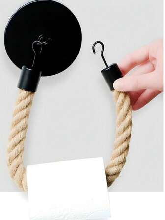 1pc Punch-Free Black Large Iron Plate Matte Rope Toilet Paper Holder, Self-Adhesive Wall-Mounted Toilet Paper Holder - Home Towel Storage Rack, Creative Bathroom Storage Accessories, Suitable For Home Use, Bathroom, Living Room Bathroom Decor Fall Decor